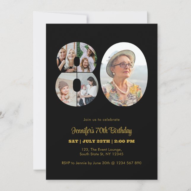 80th Birthday Number 80 Photo Collage Modern Black Invitation (Front)
