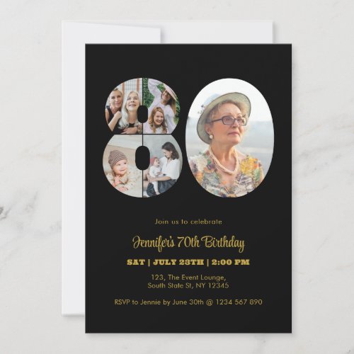 80th Birthday Number 80 Photo Collage Modern Black Invitation