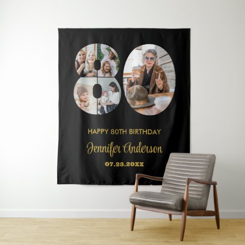80th Birthday Number 80 Photo Collage Modern Black Tapestry