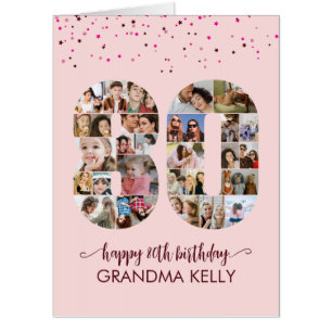 80th Birthday Number 80 Photo Collage Pink Card
