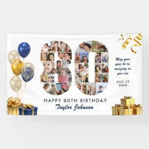 80th Birthday Number 80 Photo Collage White Gold Banner