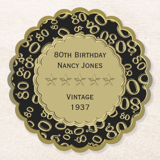 80th Birthday Number Pattern Gold/Black Scallops Paper Coaster (Front)