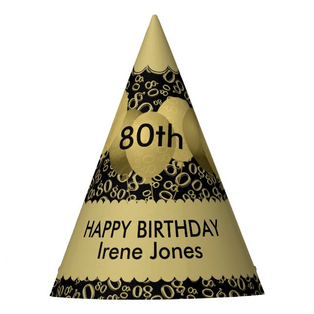 80th Birthday Number Pattern Gold/Black Scallops Party Hat (Front)