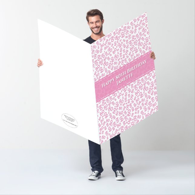 80th Birthday Number Pattern Pink/White Jumbo Card (In Situ)
