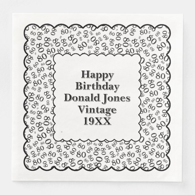 80th Birthday Number Pattern Scallops Black/White Paper Dinner Napkins (Front)
