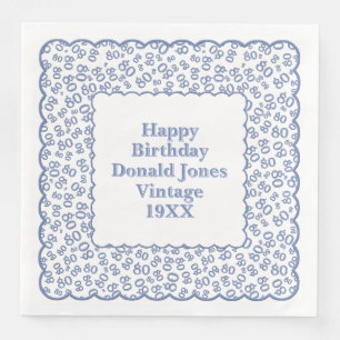 80th Birthday Number Pattern Scallops Blue/White Paper Dinner Napkins