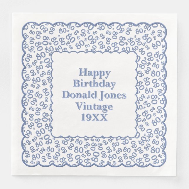 80th Birthday Number Pattern Scallops Blue/White Paper Dinner Napkins (Front)