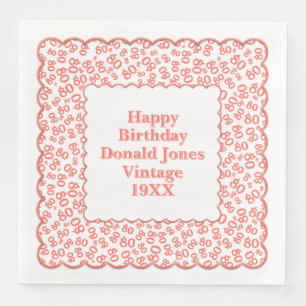 80th Birthday Number Pattern Scallops Coral/White Paper Dinner Napkins