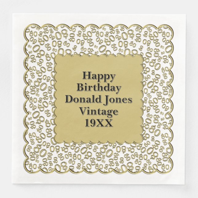 80th Birthday Number Pattern Scallops Gold/White Paper Dinner Napkins (Front)