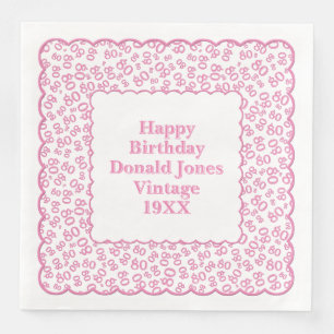 80th Birthday Number Pattern Scallops Pink/White Paper Dinner Napkins