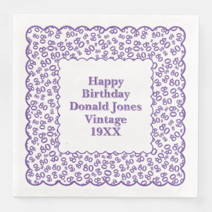 80th Birthday Number Pattern Scallops Purple/White Paper Dinner Napkins