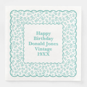 80th Birthday Number Pattern Scallops Teal/White Paper Dinner Napkins