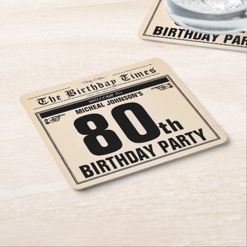 80th Birthday Old Newspaper Vintage Unique Custom Square Paper Coaster