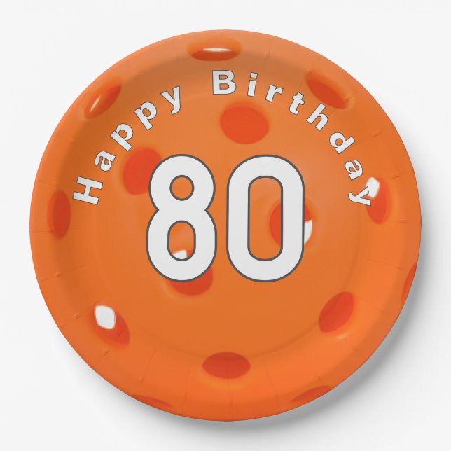 80th Birthday Orange Pickleball Paper Plates (Front)