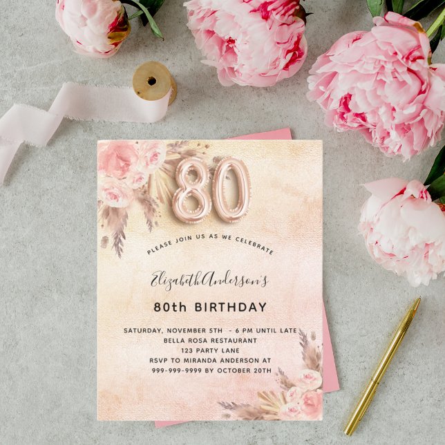 80th birthday pampas grass rose invitation (Creator Uploaded)