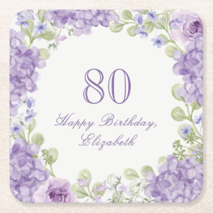 80th Birthday Paper Coaster Elegant Purple Floral