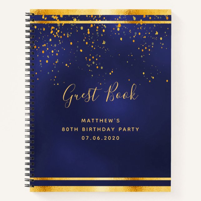 80th Birthday Party 80 dark blue gold guest book (Front)