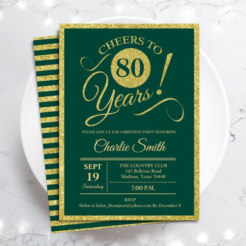 80th Birthday Party _ ANY AGE Gold Green Invitation