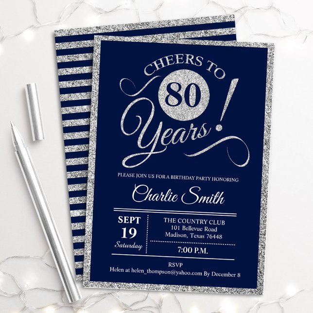 80th Birthday Party - ANY AGE Navy Silver Invitation (Creator Uploaded)