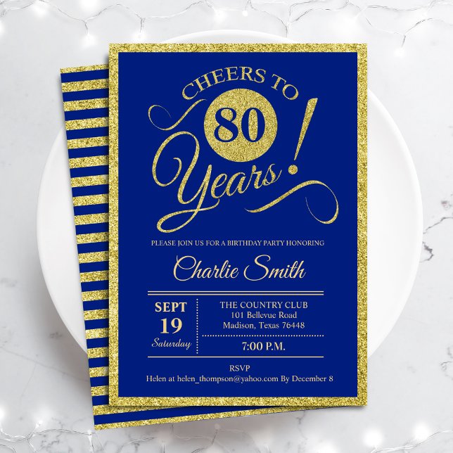 80th Birthday Party - ANY AGE Royal Blue Gold Invitation