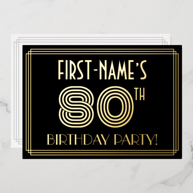 80th Birthday Party — Art Deco Style “80” + Name Foil Invitation (Front/Back)