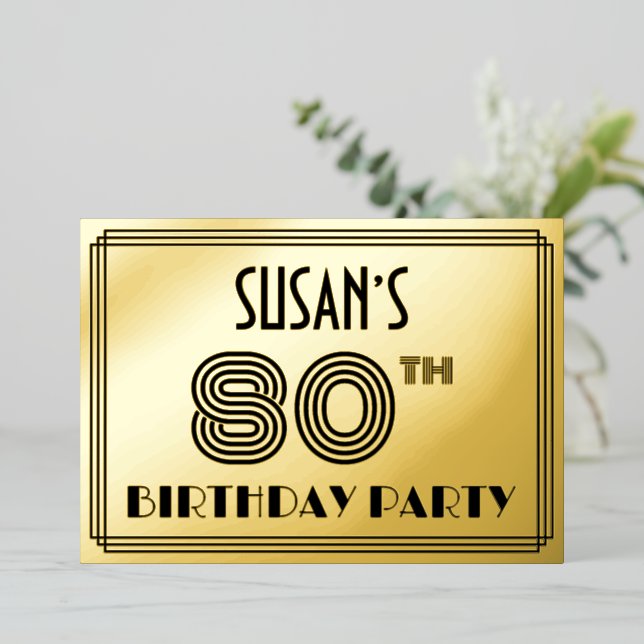 80th Birthday Party — Art Deco Style “80” & Name Foil Invitation (Standing Front)