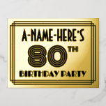 [ Thumbnail: 80th Birthday Party ~ Art Deco Style “80” + Name Postcard ]
