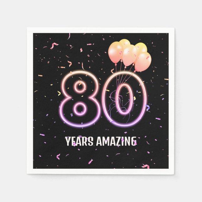80th Birthday Party Balloons and Confetti Napkins (Front)