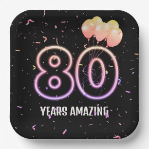 80th Birthday Party Balloons and Confetti Paper Plates