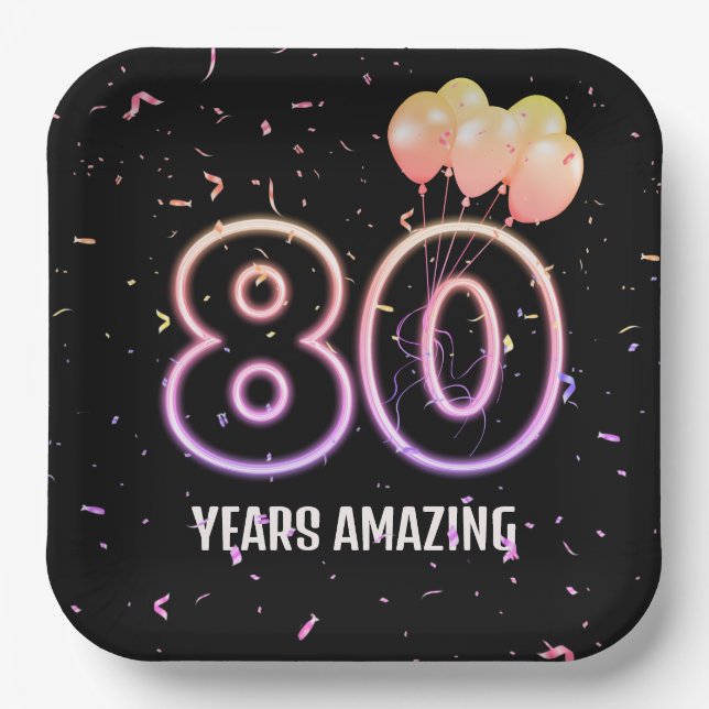80th Birthday Party Balloons and Confetti Paper Plates (Front)