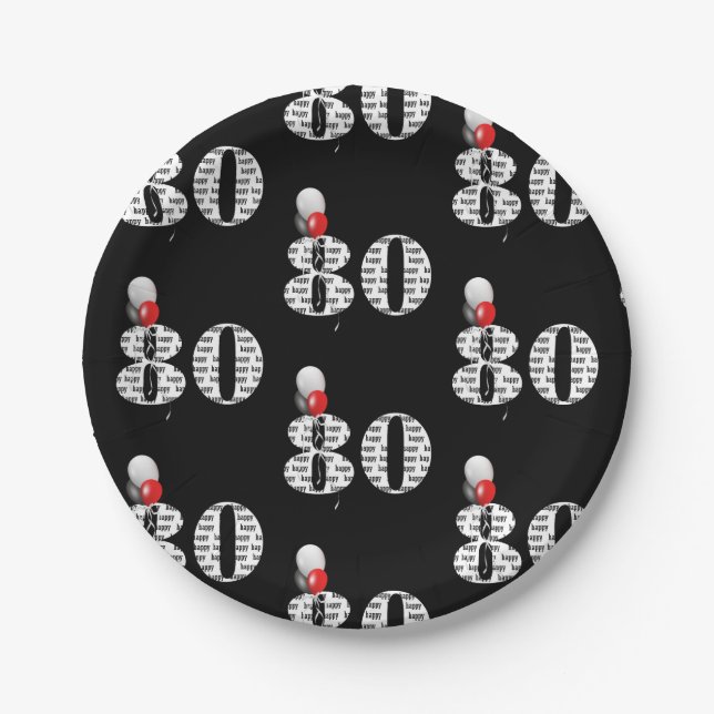 80th birthday party balloons on black paper plates (Front)