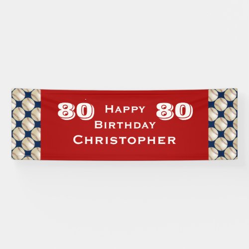 80th Birthday Party Baseball Name Red Blue White Banner