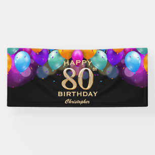 80th Birthday Party Black and Gold Balloons Banner