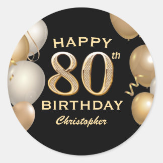 80th Birthday Party Black and Gold Balloons Classic Round Sticker