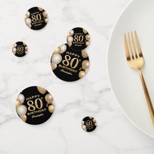 80th Birthday Party Black and Gold Balloons Confetti