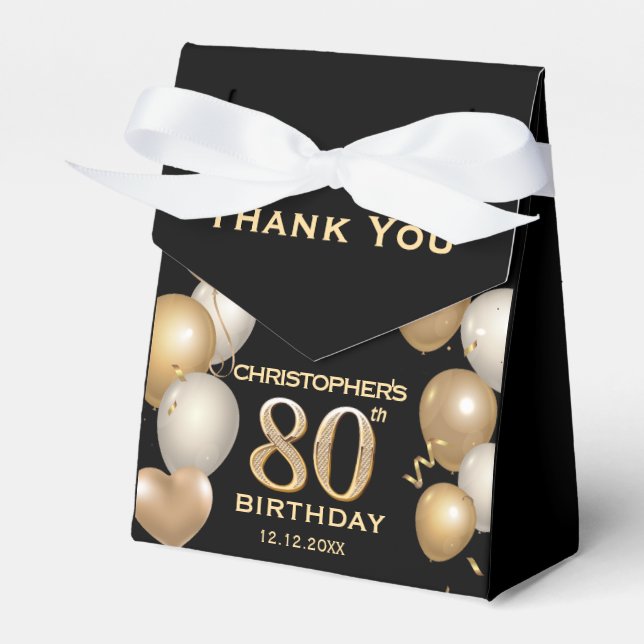 80th Birthday Party Black and Gold Balloons Favor Boxes (Front Side)