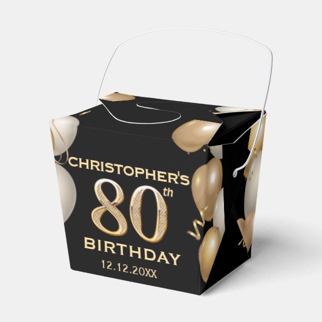 80th Birthday Party Black and Gold Balloons Favor Boxes (Front Side)