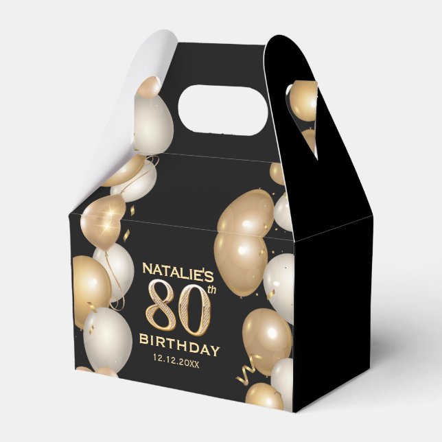 80th Birthday Party Black and Gold Balloons Favor Boxes (Front Side)