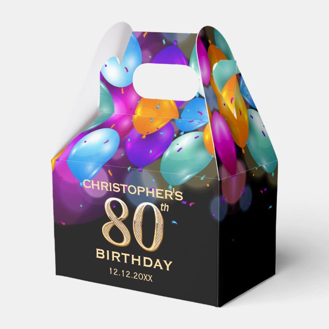 80th Birthday Party Black and Gold Balloons Favor Boxes (Front Side)