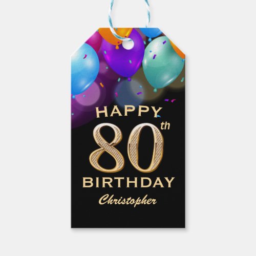 80th Birthday Party Black and Gold Balloons Gift Tags