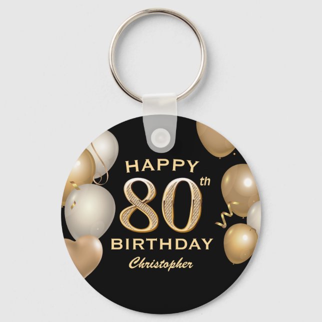 80th Birthday Party Black and Gold Balloons Keychain (Front)
