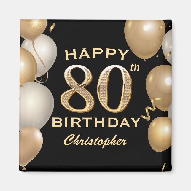 80th Birthday Party Black and Gold Balloons Magnet (Front)