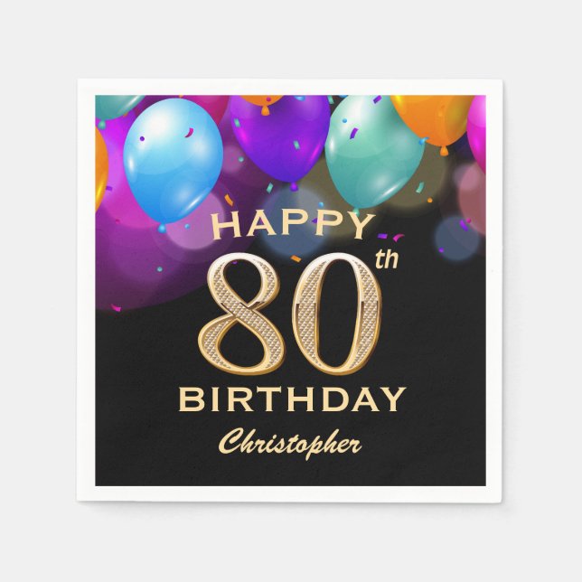 80th Birthday Party Black and Gold Balloons Napkins (Front)