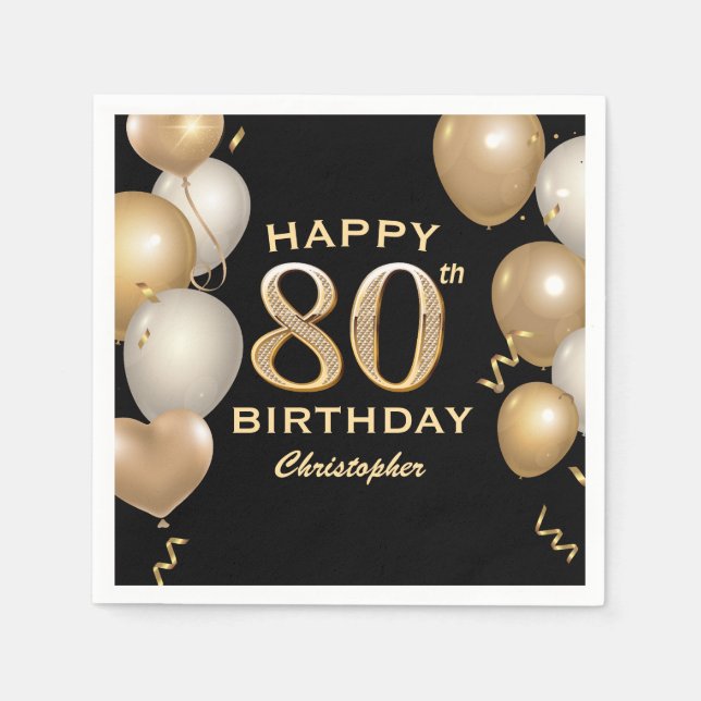 80th Birthday Party Black and Gold Balloons Napkins (Front)