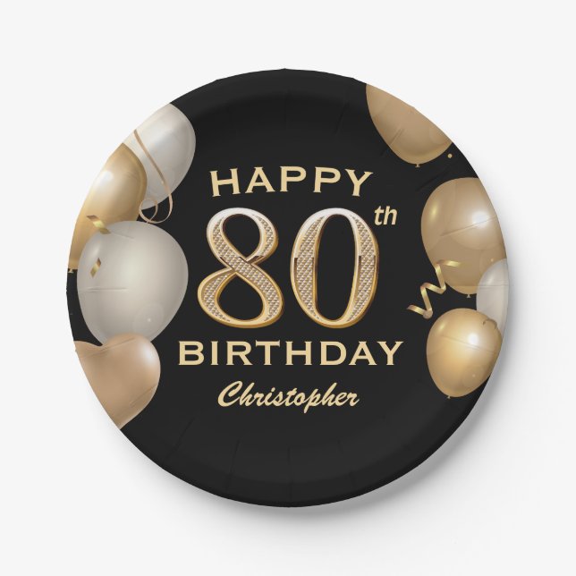 80th Birthday Party Black and Gold Balloons Paper Plates (Front)