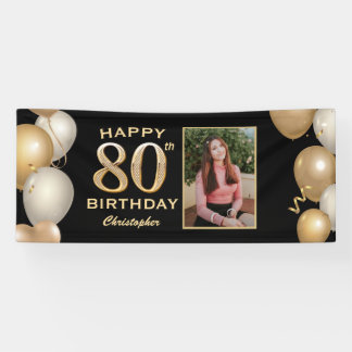 80th Birthday Party Black and Gold Balloons Photo Banner