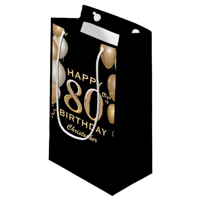 80th Birthday Party Black and Gold Balloons Small Gift Bag (Front Angled)