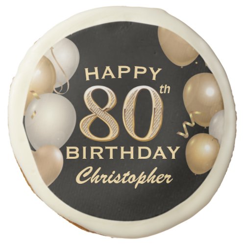 80th Birthday Party Black and Gold Balloons Sugar Cookie