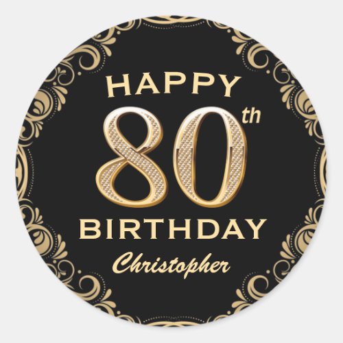 80th Birthday Party Black and Gold Glitter Frame Classic Round Sticker