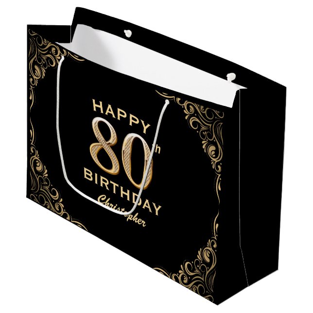 80th Birthday Party Black and Gold Glitter Frame Large Gift Bag (Front Angled)